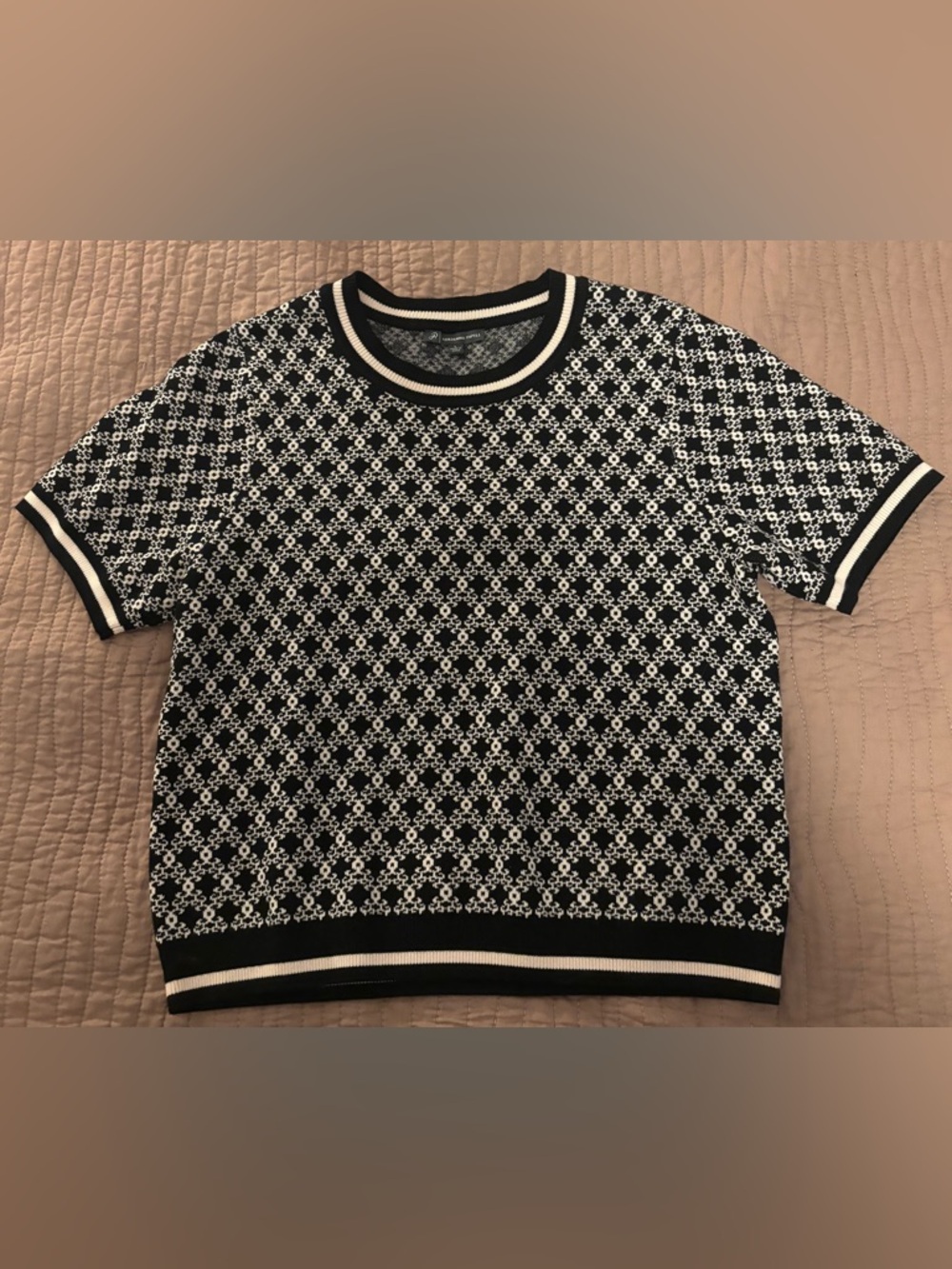 Black and White Short-Sleeve Knit Sweater